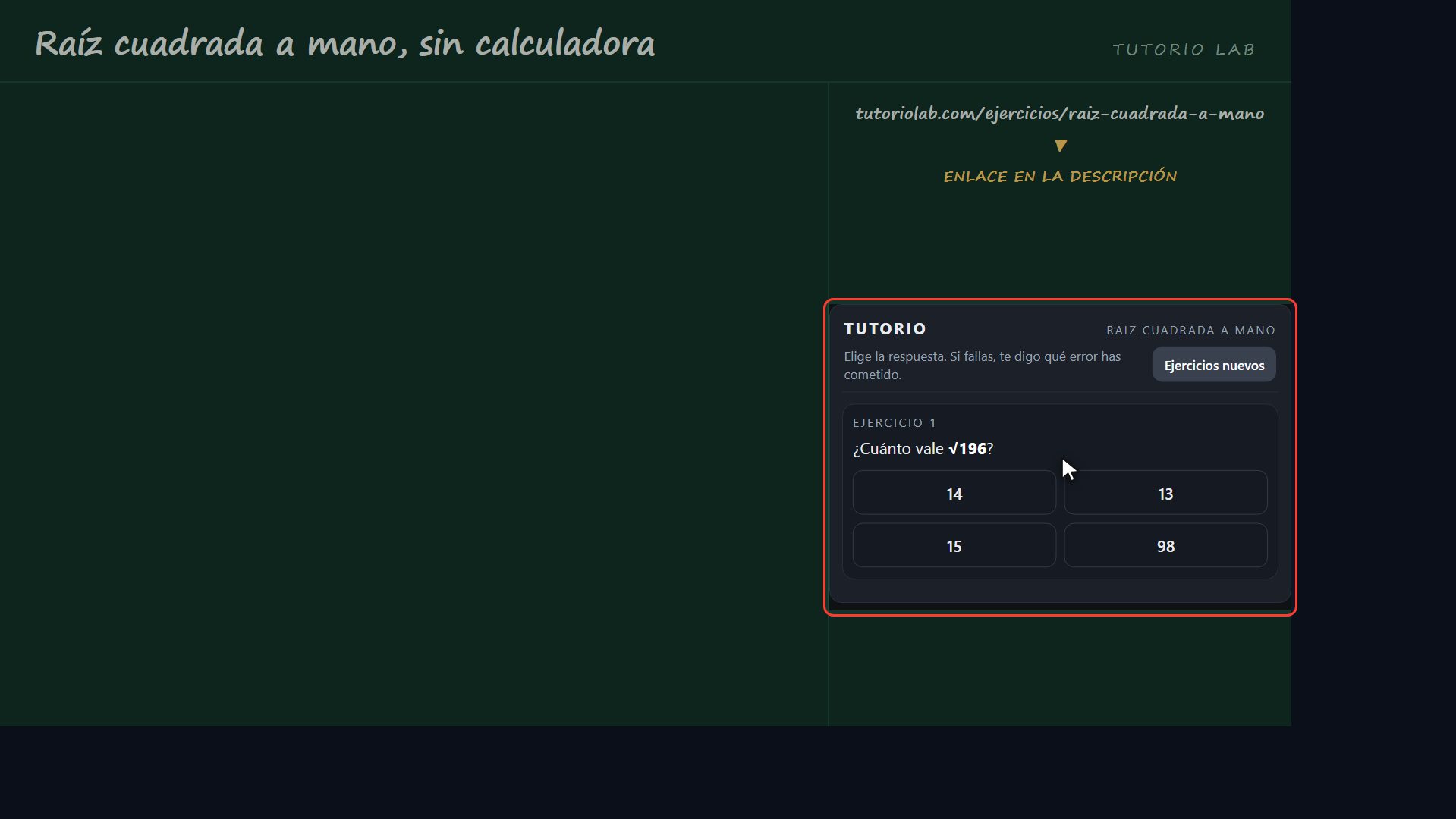 Practica gratis — Raíz cuadrada a mano, sin calculadora
