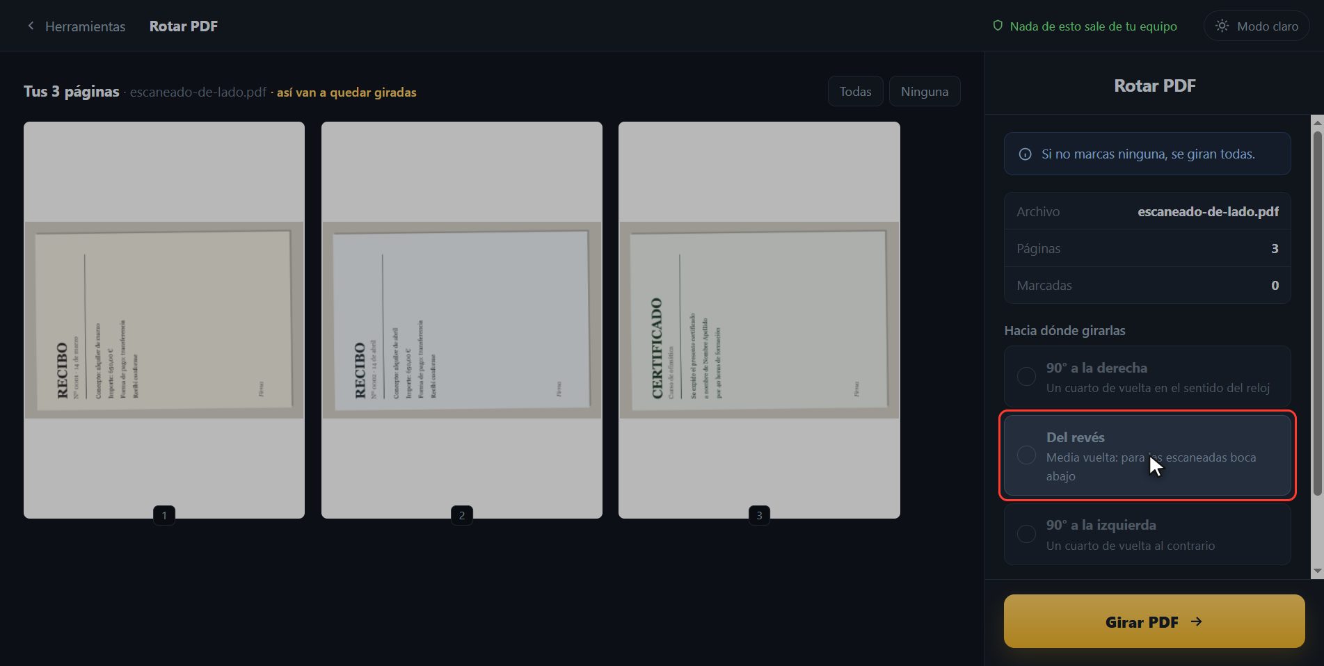 Elige hacia dónde girar — Cómo rotar un PDF y que se guarde