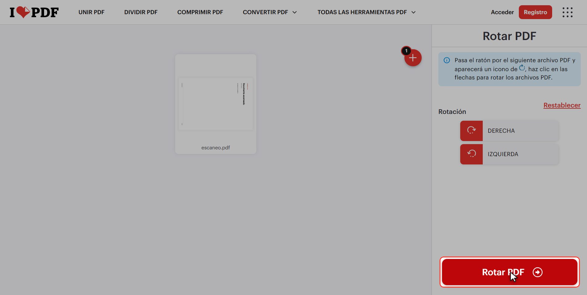 Pulsa "Rotar PDF" — Cómo girar un PDF y que se quede girado