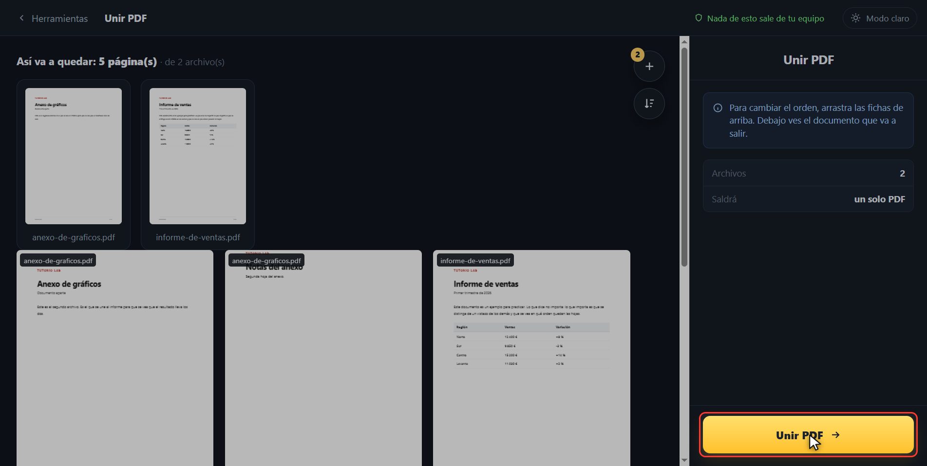 Pulsa "Unir PDF" — Cómo unir varios PDF en uno solo