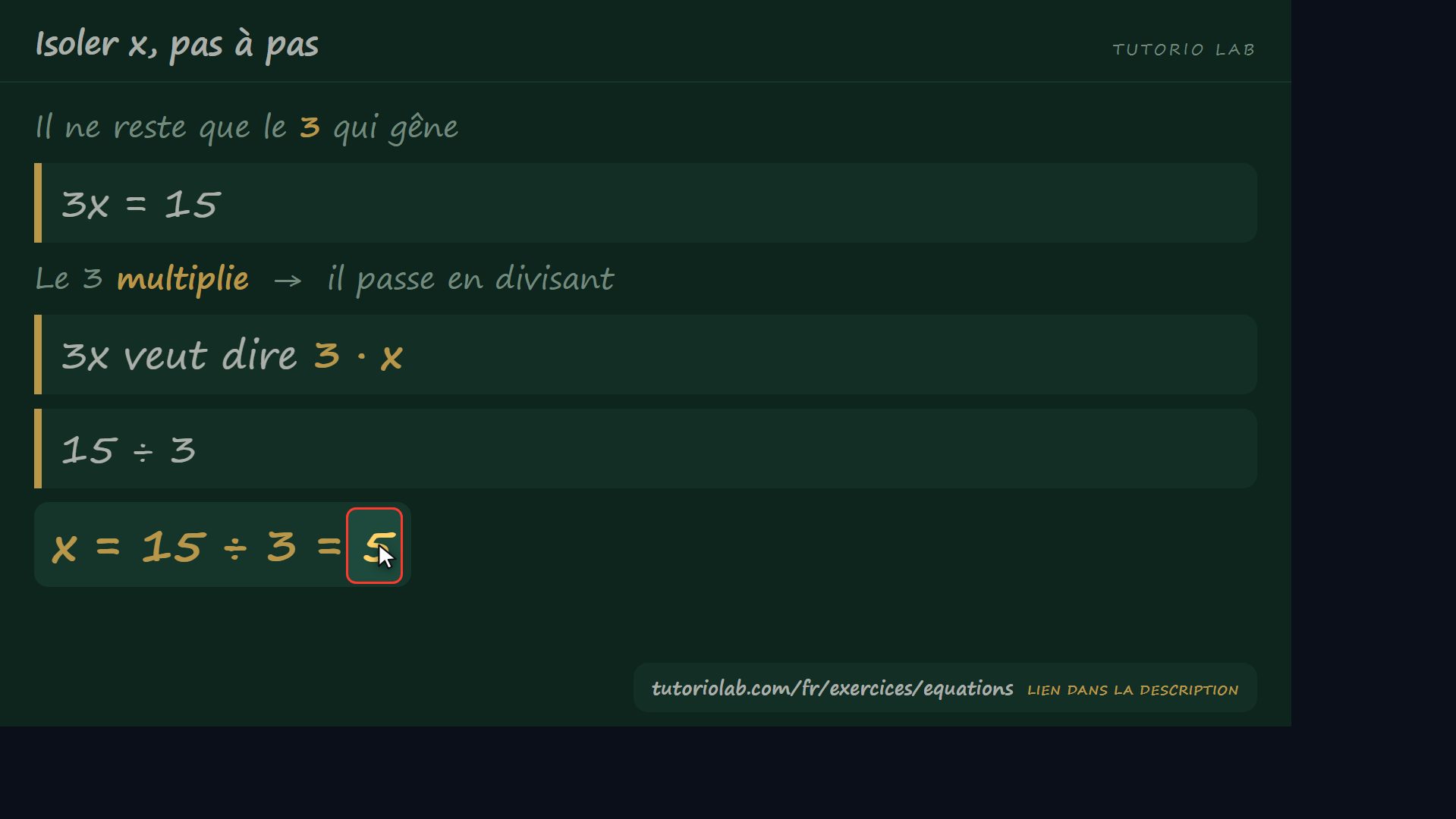 Enlever ce qui multiplie — Isoler x, pas à pas