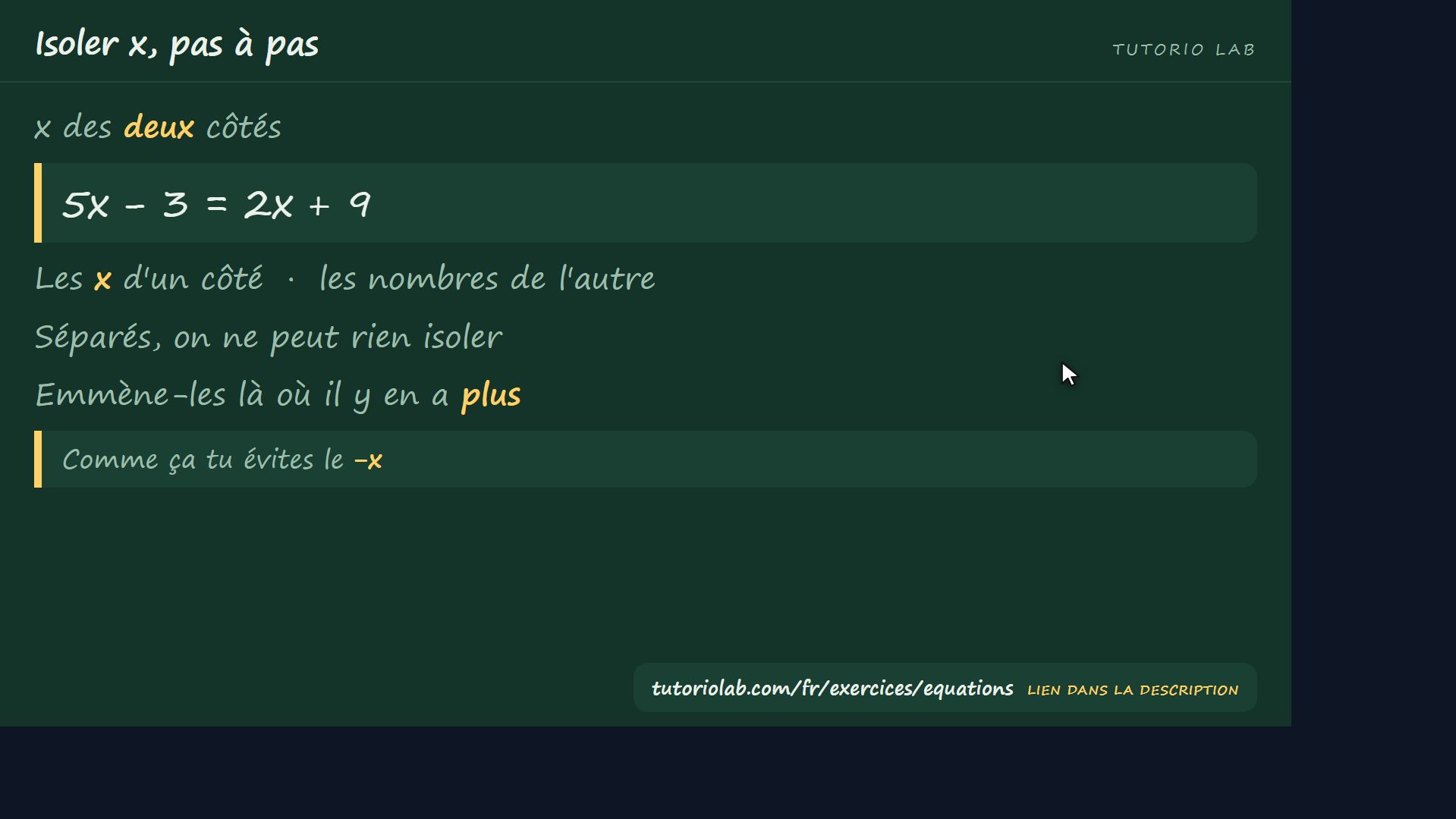 x des deux côtés — Isoler x, pas à pas