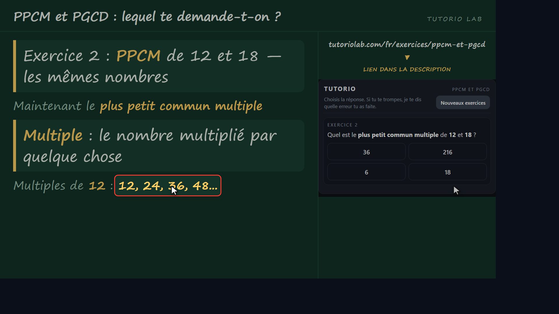 Exercice 2 : le PPCM de 12 et 18 — PPCM et PGCD : lequel te demande-t-on ?