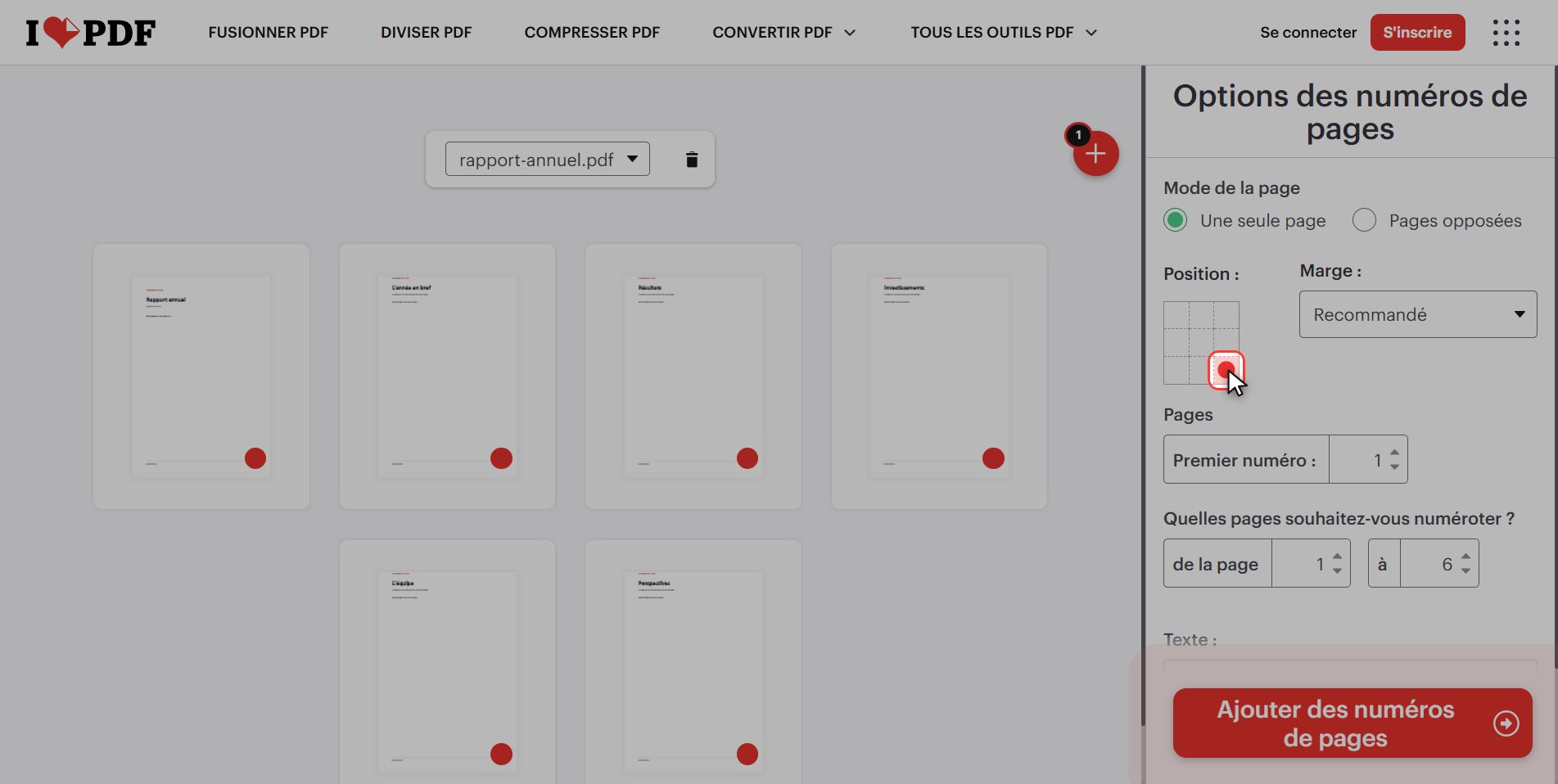 Choisissez où va le numéro — Comment numéroter les pages d’un PDF
