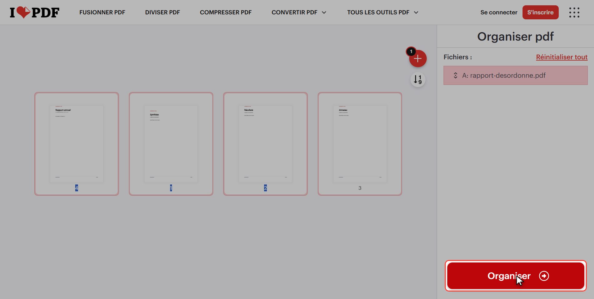 Clique "Organiser" — Changer l'ordre des pages d'un PDF