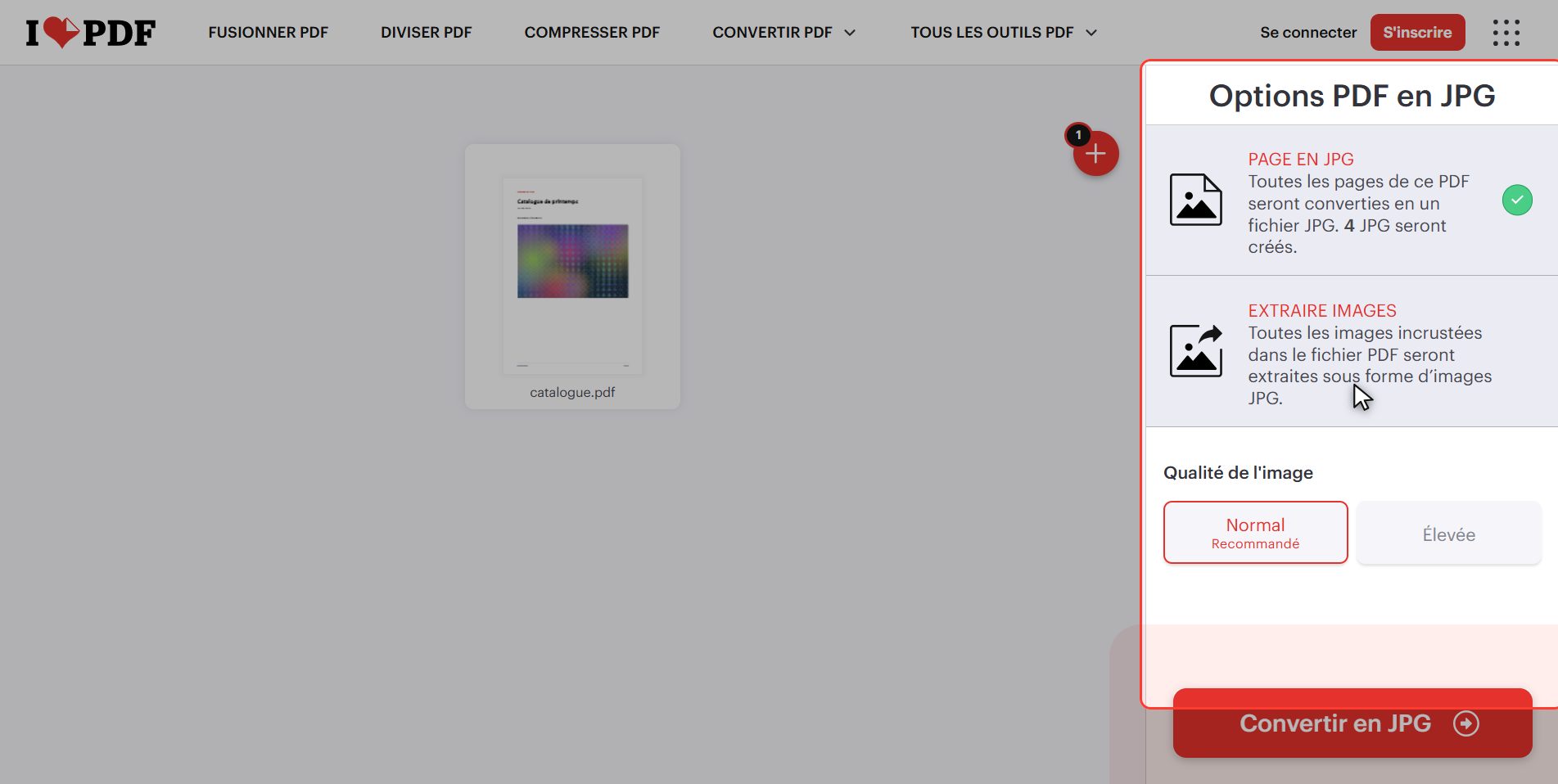 Les deux onglets et la qualité — Convertir un PDF en images