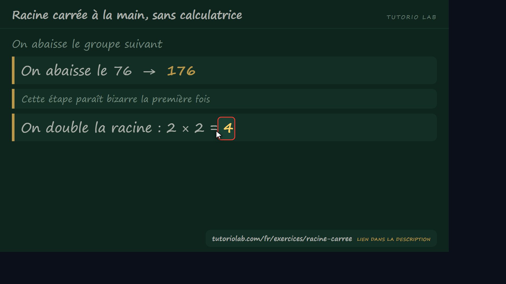 Abaisser et doubler — Racine carrée à la main, sans calculatrice