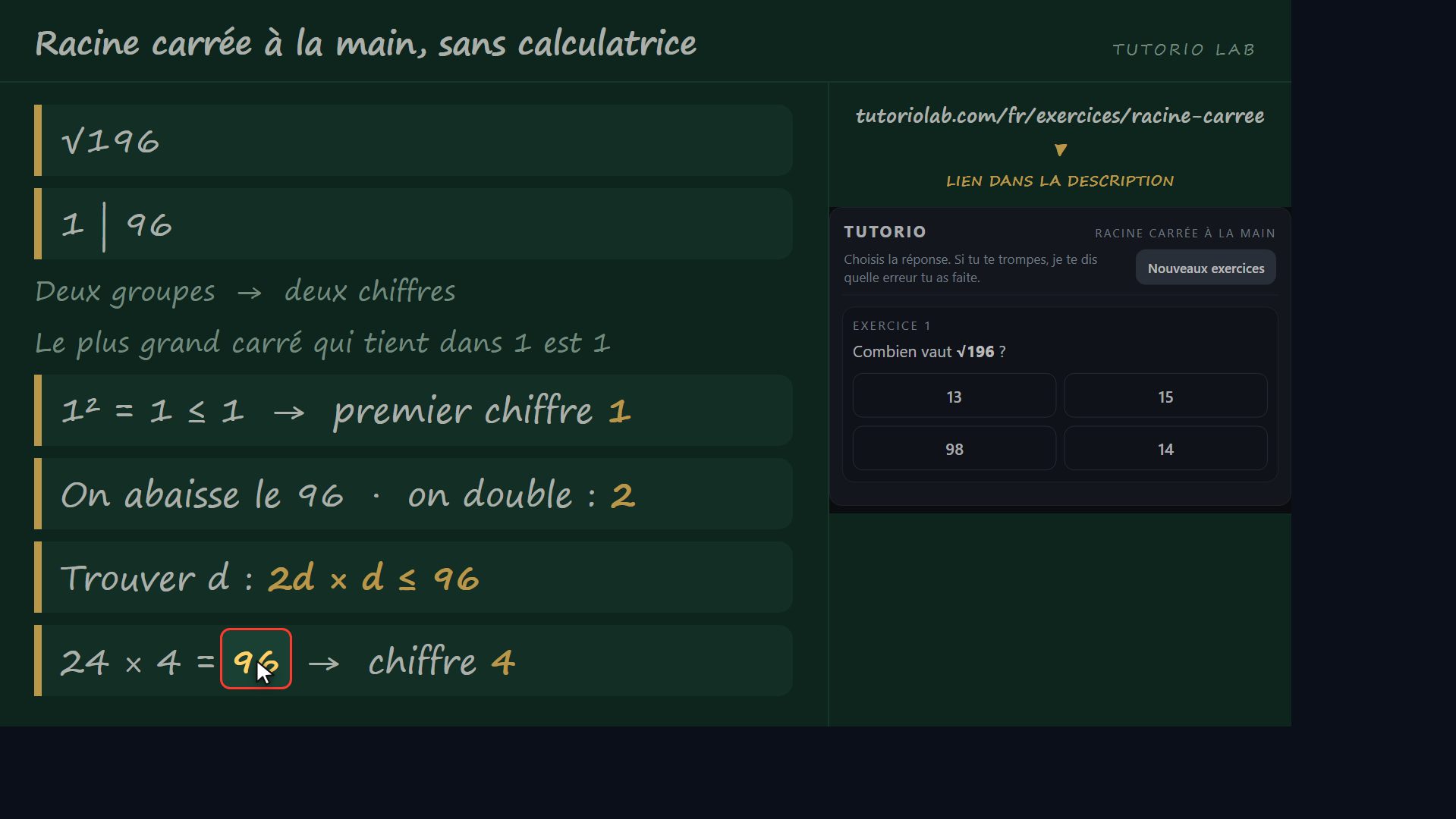 Exercice 1, pas à pas — Racine carrée à la main, sans calculatrice