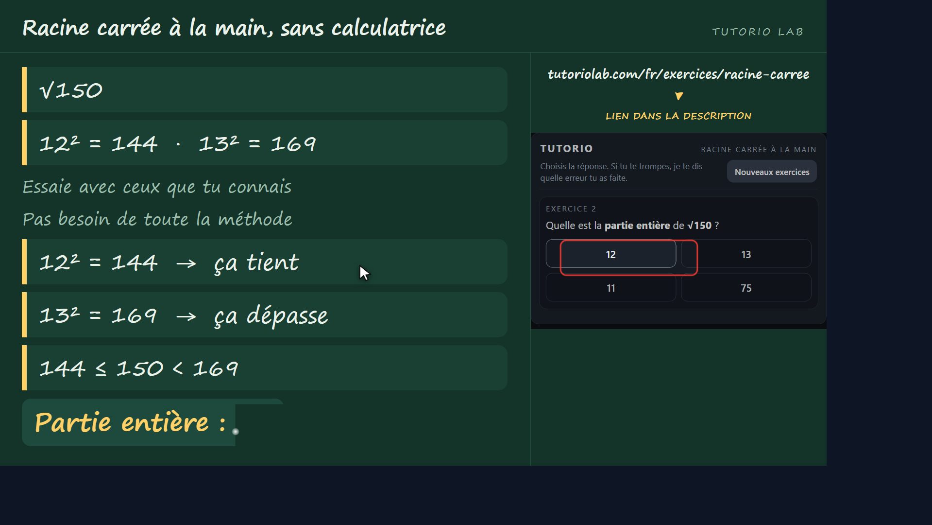 Exercice 2, pas à pas — Racine carrée à la main, sans calculatrice