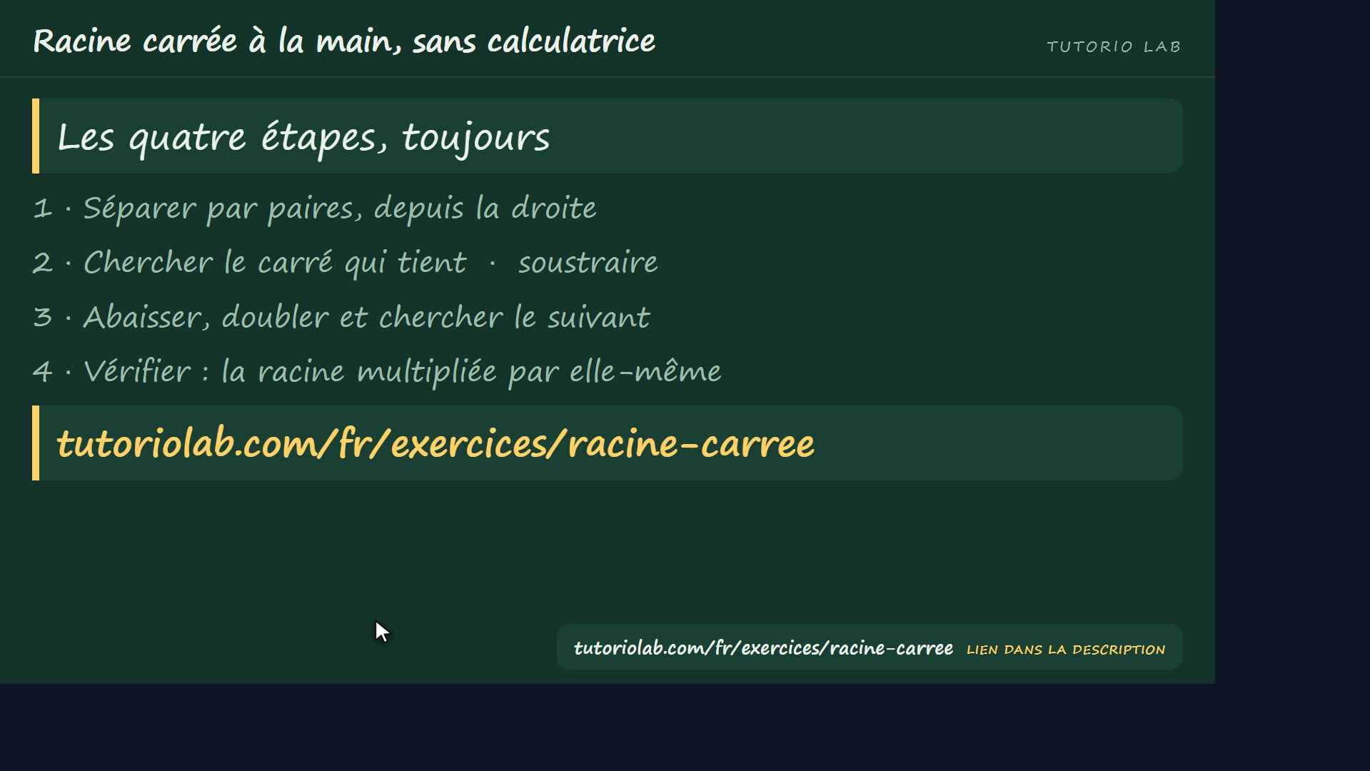 Les quatre étapes — Racine carrée à la main, sans calculatrice