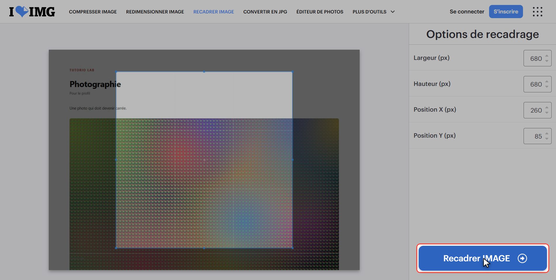 Clique "Recadrer image" — Comment recadrer une image