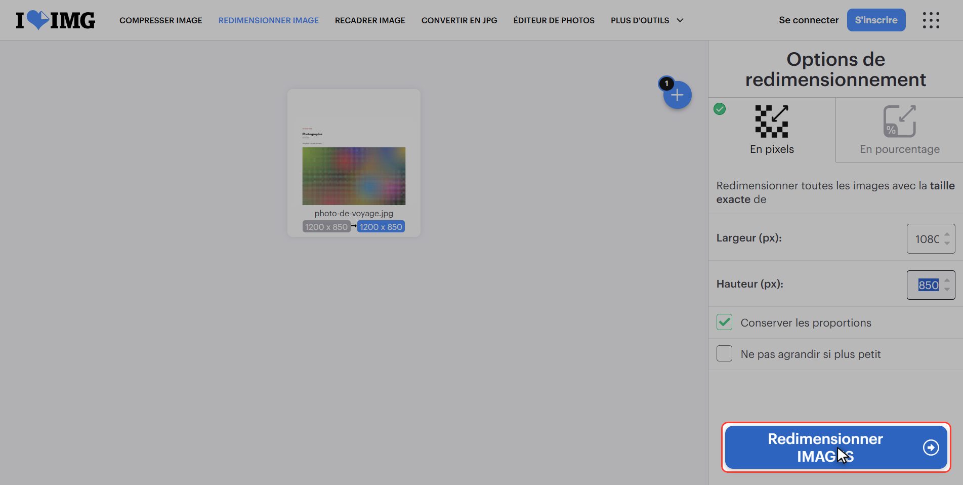 Clique "Redimensionner images" — Comment changer la taille d'une image