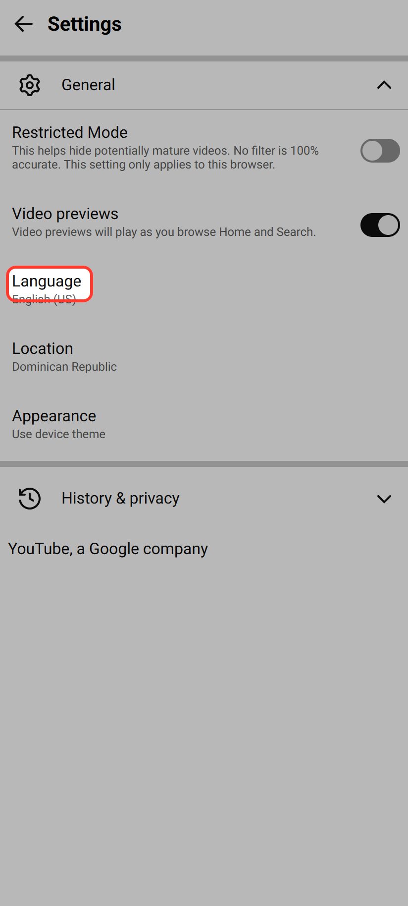 Touchez "Language"
