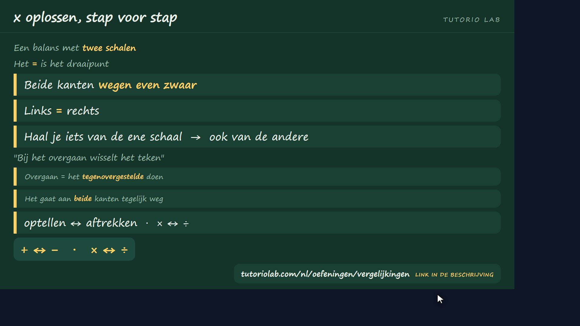Het idee van de balans — x oplossen, stap voor stap