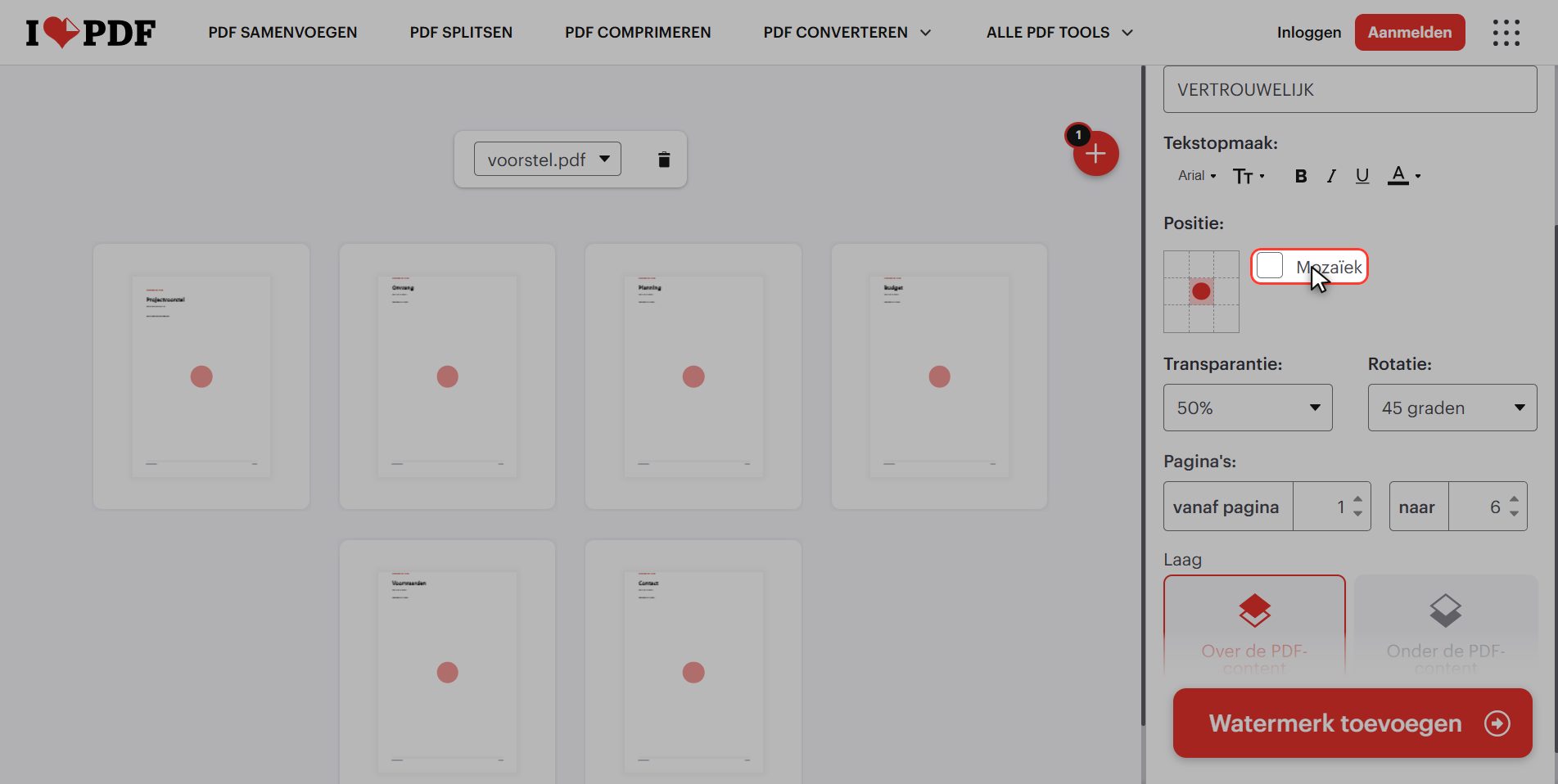 Mozaïek en welke pagina's — Een watermerk aan een PDF toevoegen