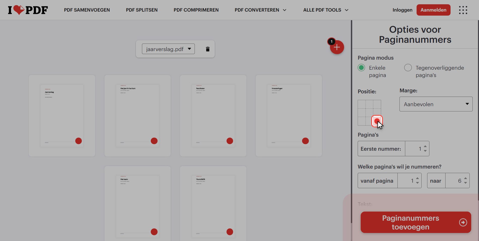 Kies waar het nummer komt — Paginanummers toevoegen aan een PDF