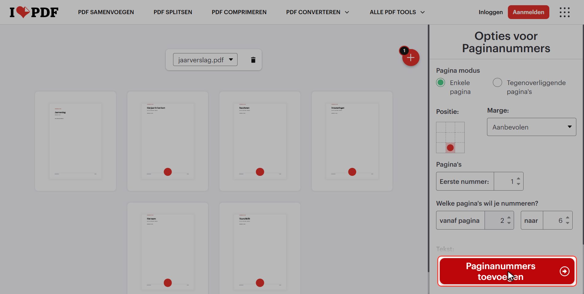 Klik op "Paginanummers toevoegen" — Paginanummers toevoegen aan een PDF