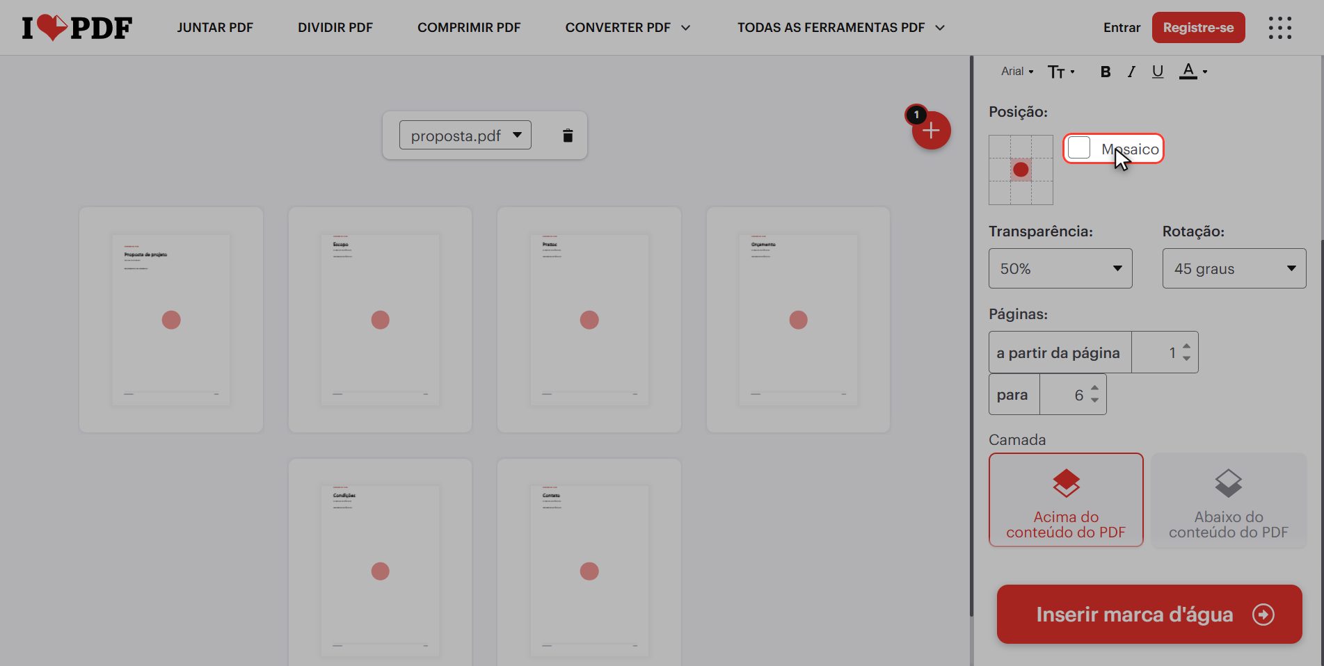 Mosaico e em quais páginas — Como colocar marca d'água em um PDF