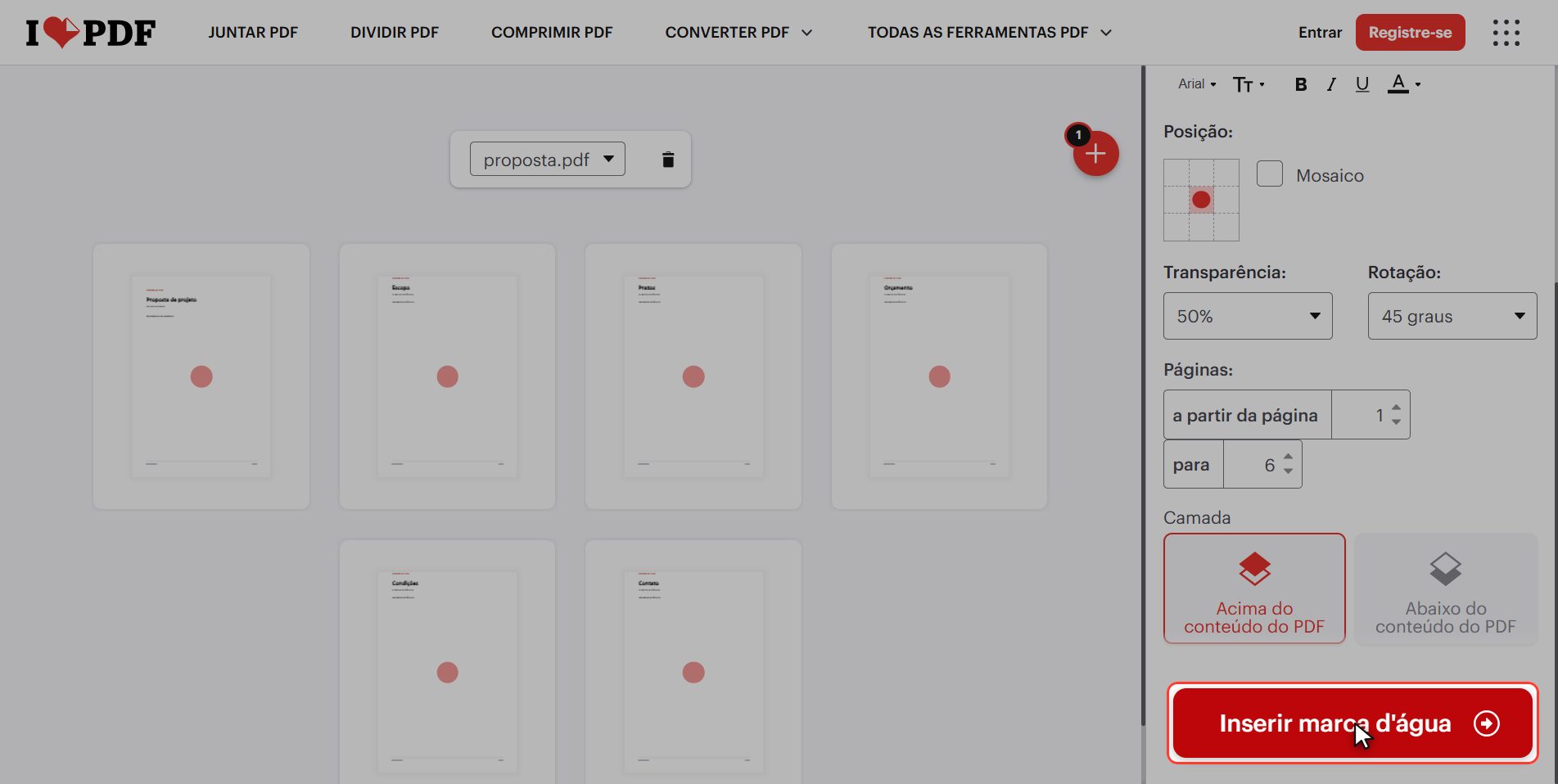Clique "Inserir marca d'água" — Como colocar marca d'água em um PDF