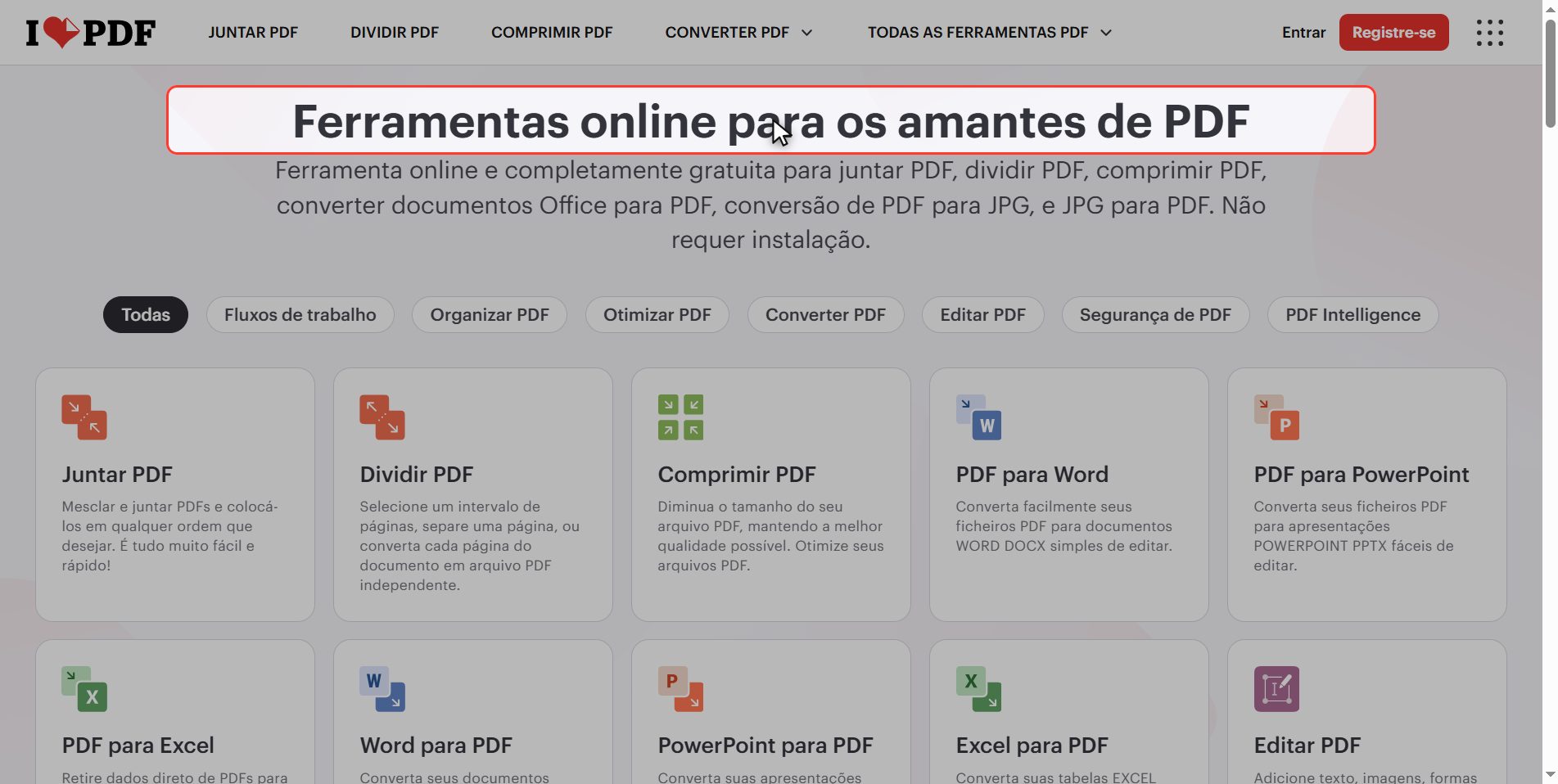 Entre no iLovePDF — Como colocar números de página num PDF