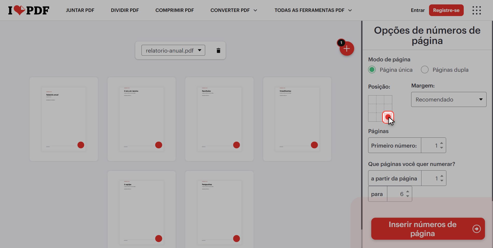 Escolha onde fica o número — Como colocar números de página num PDF