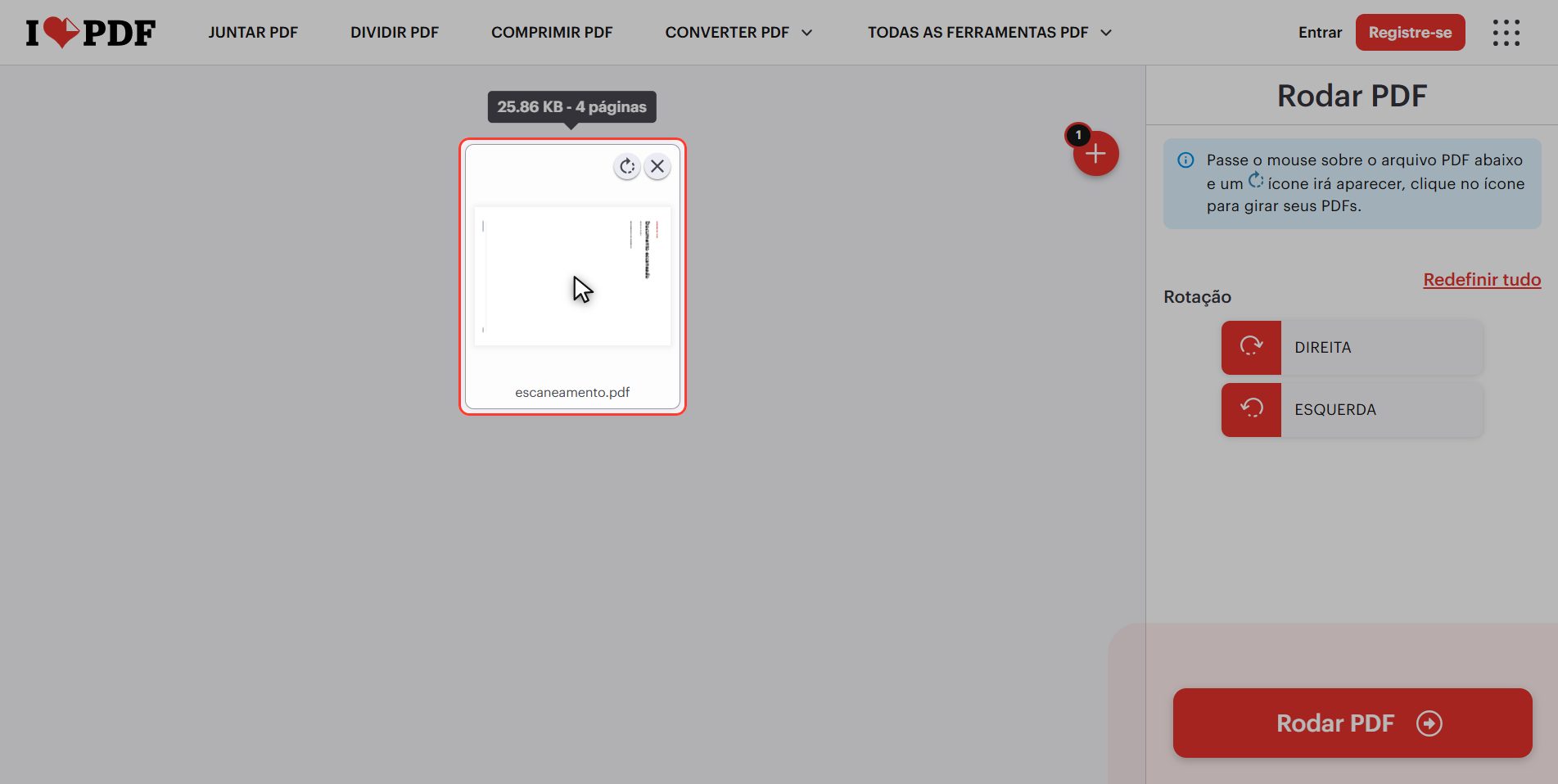Noventa graus por clique, e o atalho — Como girar um PDF e que fique girado