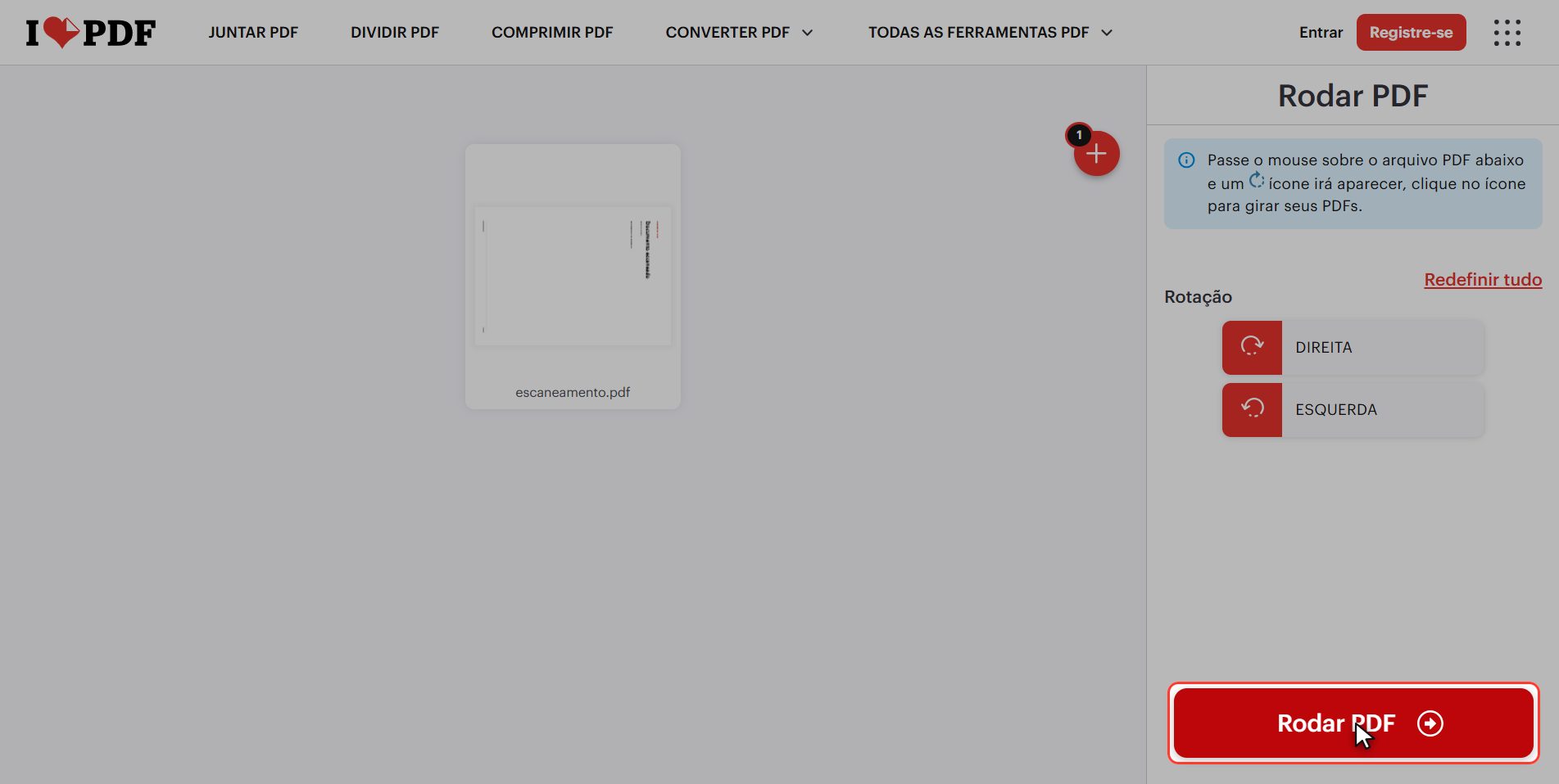 Clique "Rodar PDF" — Como girar um PDF e que fique girado